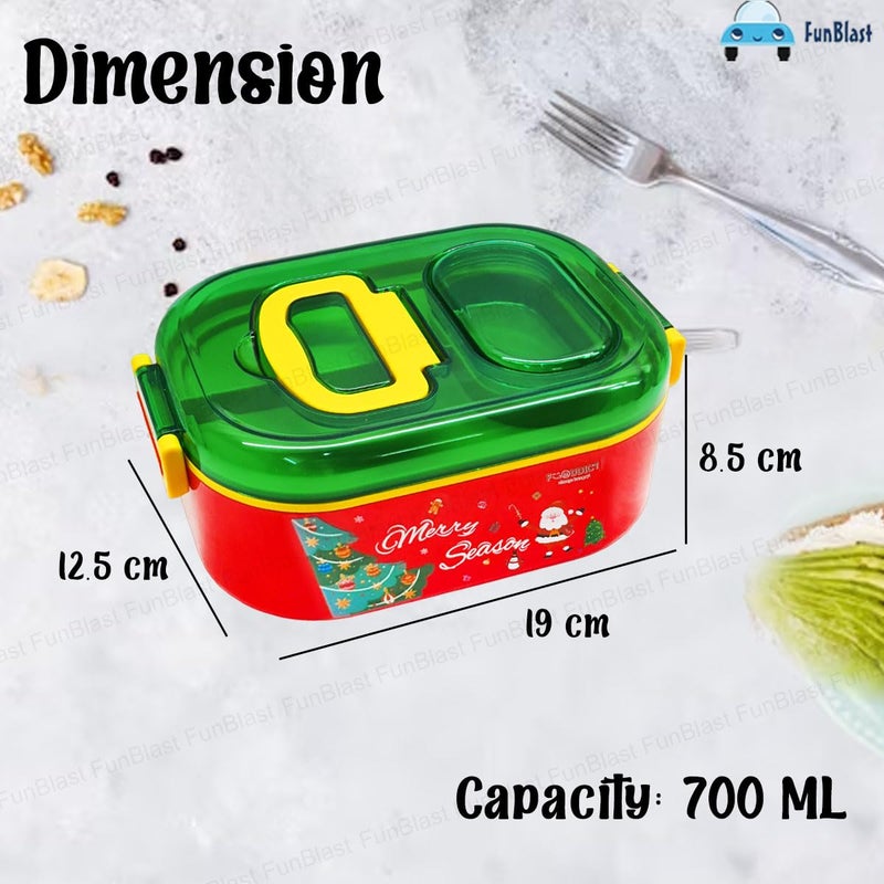 FunBlast FunBlast Christmas Theme Lunch Box with Spoon and Christmas Tree Key Ring, SS304 & PP Material, Non-Toxic, Air-Tight & Insulated, 700 ML, Red & Green, Unisex, Kids School & Office Lunch Box  - Image 2
