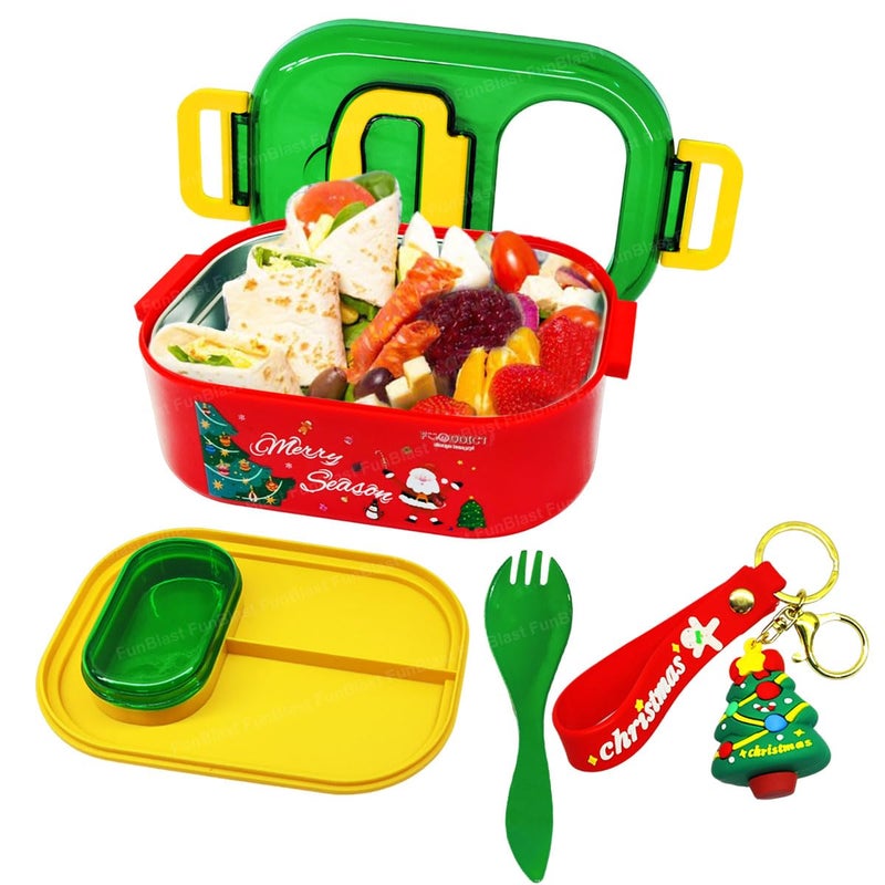FunBlast FunBlast Christmas Theme Lunch Box with Spoon and Christmas Tree Key Ring, SS304 & PP Material, Non-Toxic, Air-Tight & Insulated, 700 ML, Red & Green, Unisex, Kids School & Office Lunch Box  - Image 1