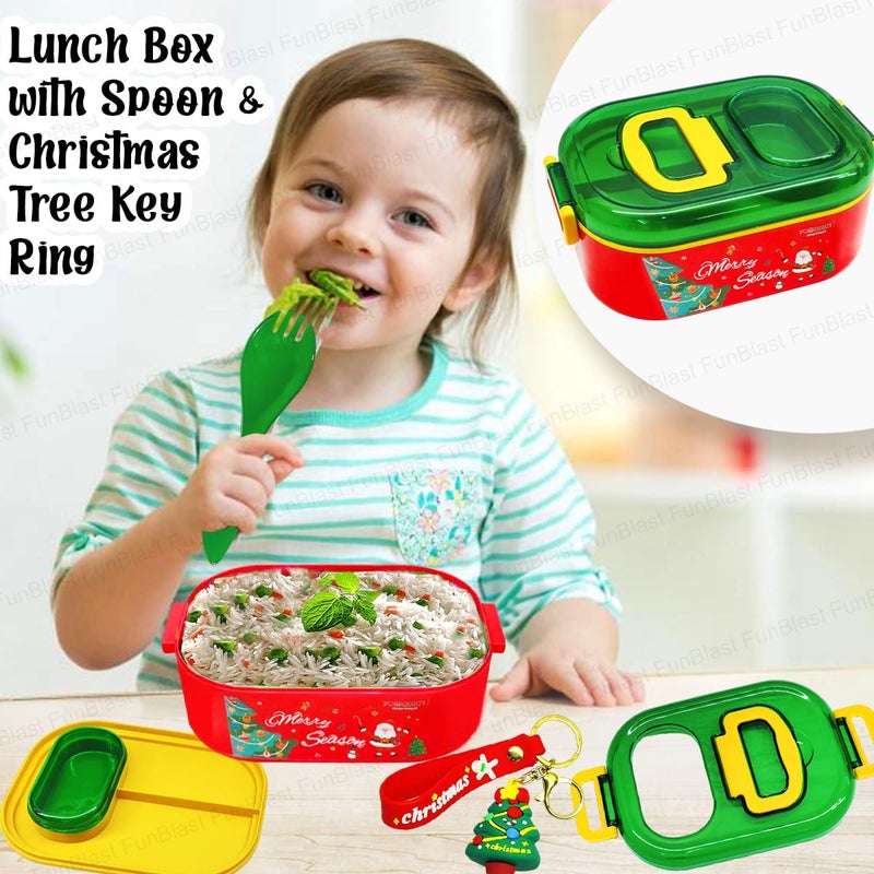 FunBlast FunBlast Christmas Theme Lunch Box with Spoon and Christmas Tree Key Ring, SS304 & PP Material, Non-Toxic, Air-Tight & Insulated, 700 ML, Red & Green, Unisex, Kids School & Office Lunch Box  - Image 4