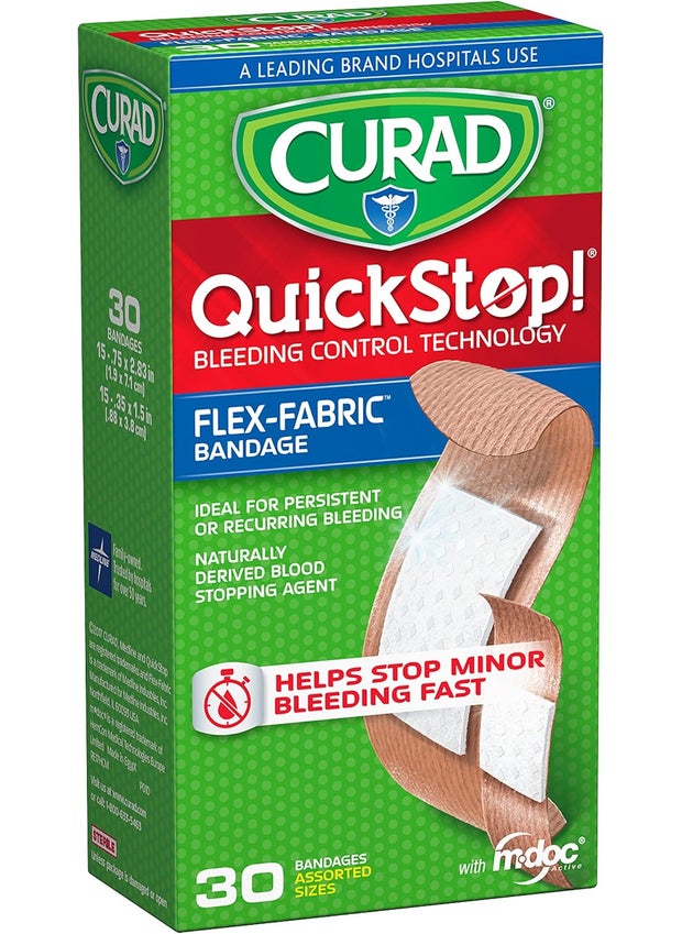 CURAD QuickStop Bleeding Control Flexible Fabric Bandages, Assorted Sizes, 30 Count