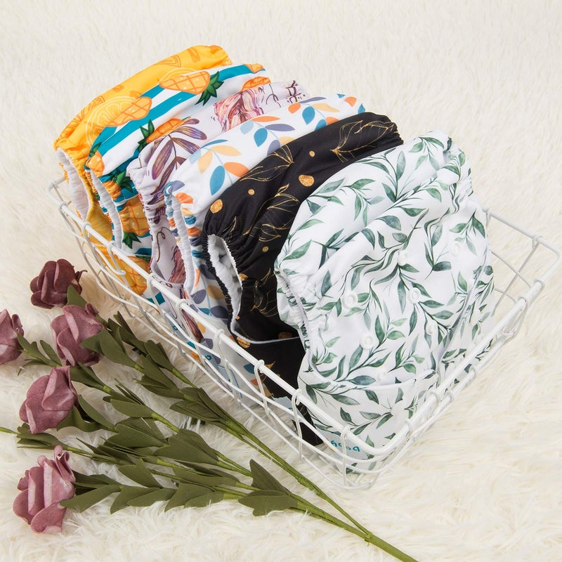 Babygoal Reusable Neutral Cloth Diapers 6 Pack with 10pcs Inserts, One Size Adjustable Washable Pocket Nappy Covers for Baby Boys and Girls 6FN06 - Image 5