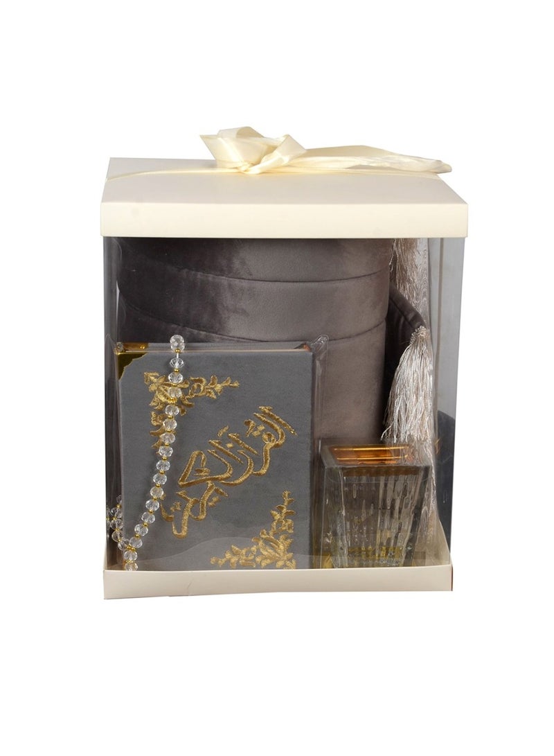 مجموعة هدايا رمضان طقم سجاده صلاه مكون من 5قطع سجاده مبطنه مع شرشف صلاه مع مبخرة مع سبحه مع مصحف مناسب للهديه