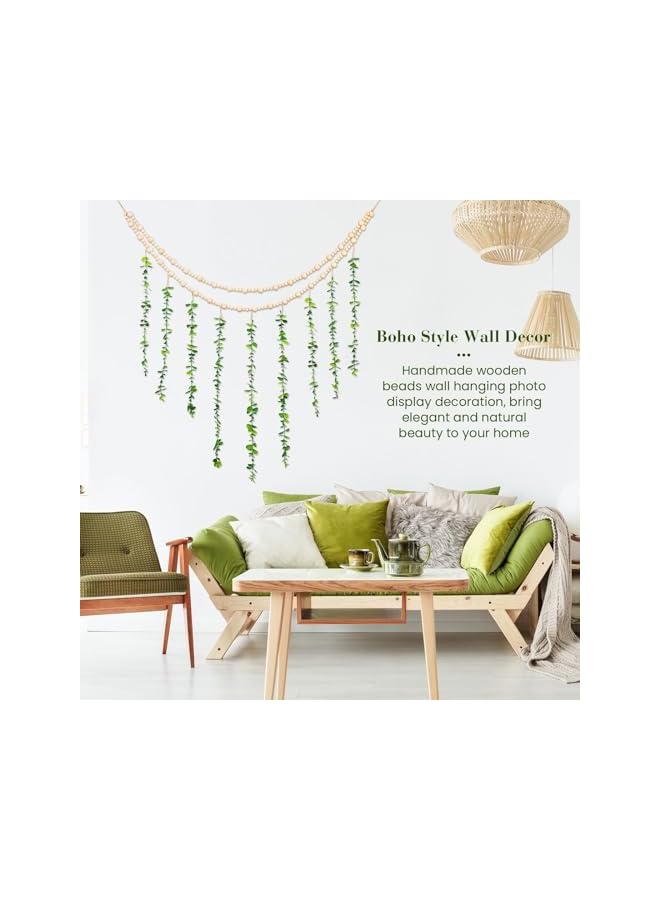 The Bros Hanging Photo Display Holder Wall Decor with Wooden Cards Clips, Boho Style Picture Frame Wood Beads Garland Artificial Eucalyptus Plant Home Decoration for Farmhouse Greenery Cubicle Bedroom  - Image 4