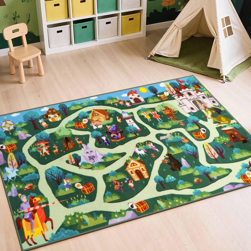 LIVEBOX Whimsical Kids Playroom Rug, Washable Play Carpet Floor Mat for Boys Room, Girls Fantasy Adventure Forest Road Mats Non Slip (60" x 32", Green) - Image 1