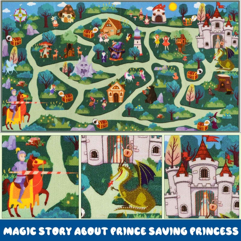 LIVEBOX Whimsical Kids Playroom Rug, Washable Play Carpet Floor Mat for Boys Room, Girls Fantasy Adventure Forest Road Mats Non Slip (60" x 32", Green) - Image 2