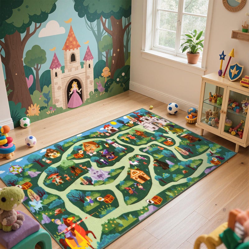 LIVEBOX Whimsical Kids Playroom Rug, Washable Play Carpet Floor Mat for Boys Room, Girls Fantasy Adventure Forest Road Mats Non Slip (60" x 32", Green) - Image 4