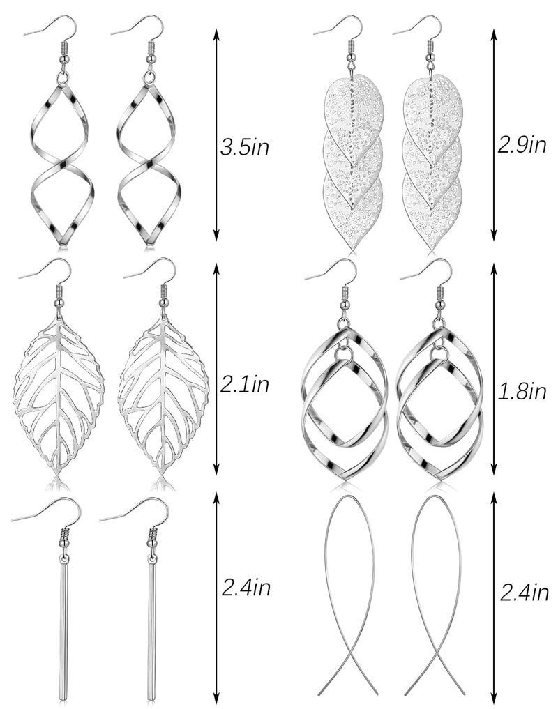 FUNEIA 6 Pairs Drop Dangle Earrings for Women Long Bar Double Twist Wave Curved Threader Cut Out Leaf Lightweight Earrings Set - Image 5