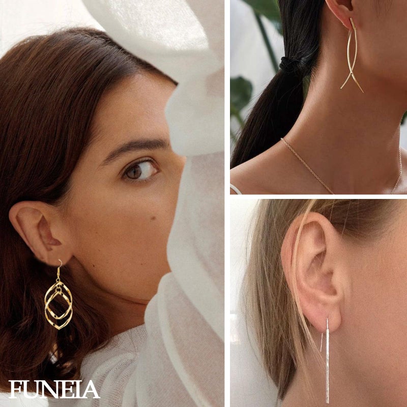 FUNEIA 6 Pairs Drop Dangle Earrings for Women Long Bar Double Twist Wave Curved Threader Cut Out Leaf Lightweight Earrings Set - Image 3