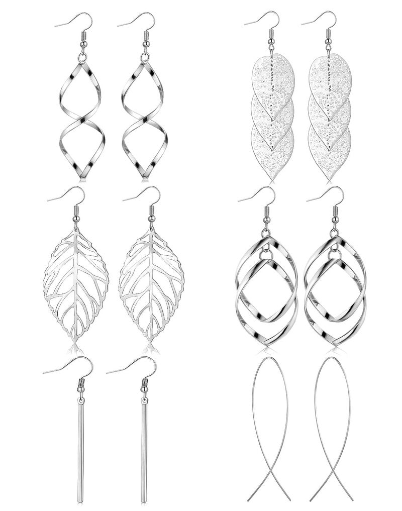FUNEIA 6 Pairs Drop Dangle Earrings for Women Long Bar Double Twist Wave Curved Threader Cut Out Leaf Lightweight Earrings Set - Image 1