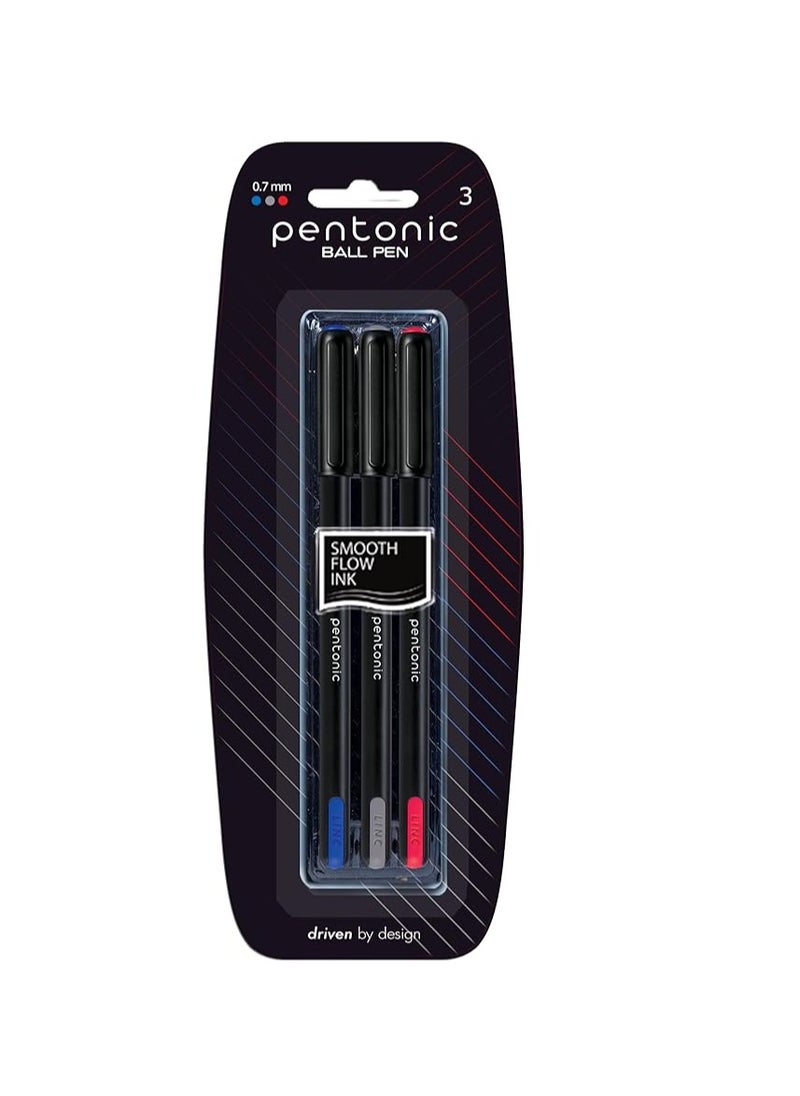 Pentonic Ball Point Pen Blister Pack | Tip Size 0.7 mm | Click Off Mechanism, Black Matt Finish Body | Comfortable Grip For Effortless Writing Experience | Assorted Ink, Pack of 3  - Image 1