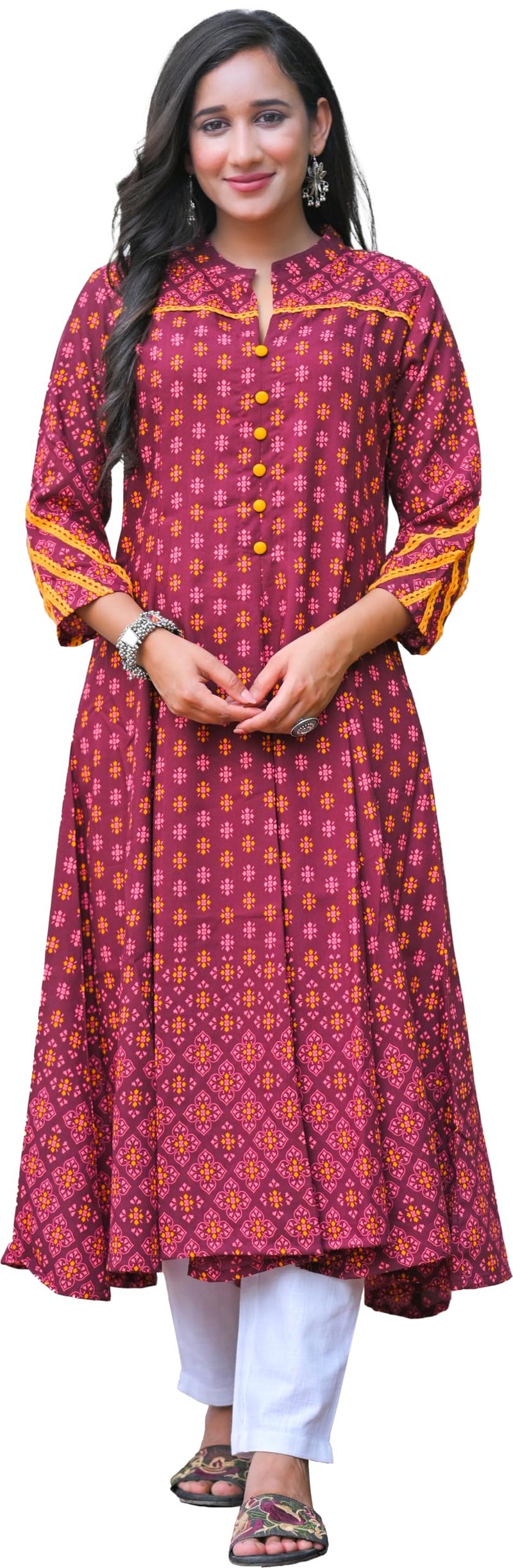 Yash Gallery Women's Rayon Mandarin Collar Calf Length Floral Printed 3/4th Sleeve Anarkali Kurta (Wine, XS) - Image 1