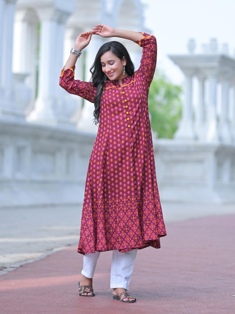 Yash Gallery Women's Rayon Mandarin Collar Calf Length Floral Printed 3/4th Sleeve Anarkali Kurta (Wine, XS) - Image 3