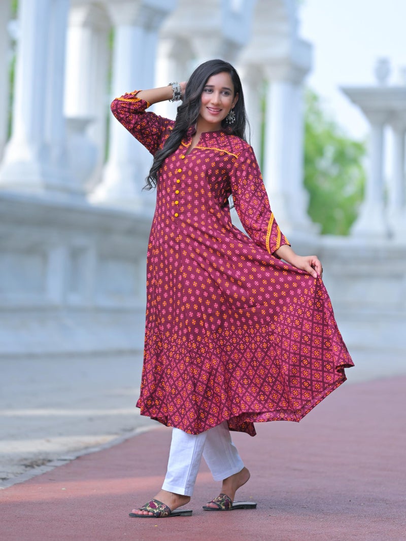 Yash Gallery Women's Rayon Mandarin Collar Calf Length Floral Printed 3/4th Sleeve Anarkali Kurta (Wine, XS) - Image 2