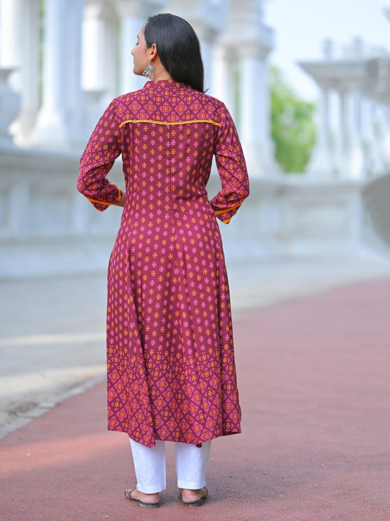 Yash Gallery Women's Rayon Mandarin Collar Calf Length Floral Printed 3/4th Sleeve Anarkali Kurta (Wine, XS) - Image 4