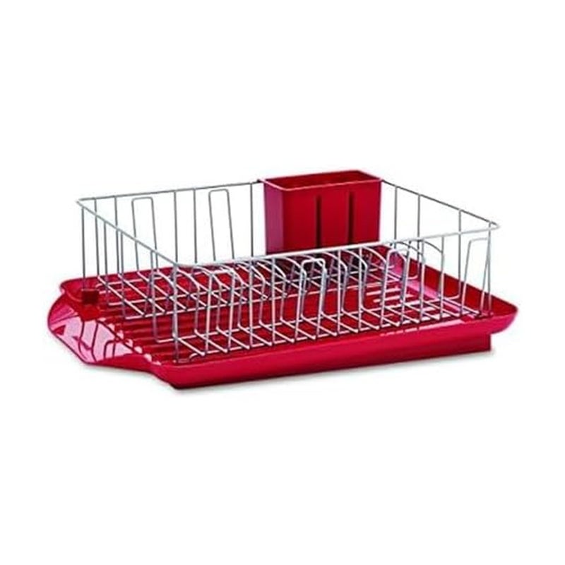 Farberware Classic Large Rust Resistant Full Dishrack with Removable 3 Compartment Flatware Caddy Andlged Drain Board 3Piece Red