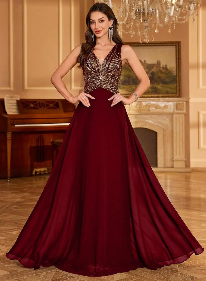 Unithorse Burgundy Sequin A-Line Maxi Evening Dress