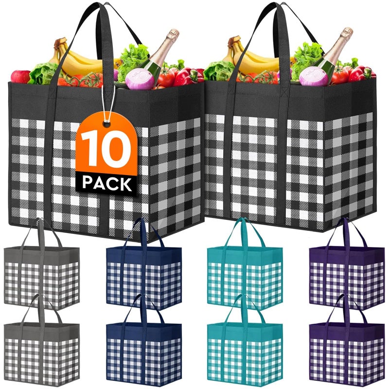 WISELIFE Reusable Grocery Shopping Bags 10 Pack Large Foldable Tote Bags Bulk Long Handle for Shopping Groceries Clothes Plaid A