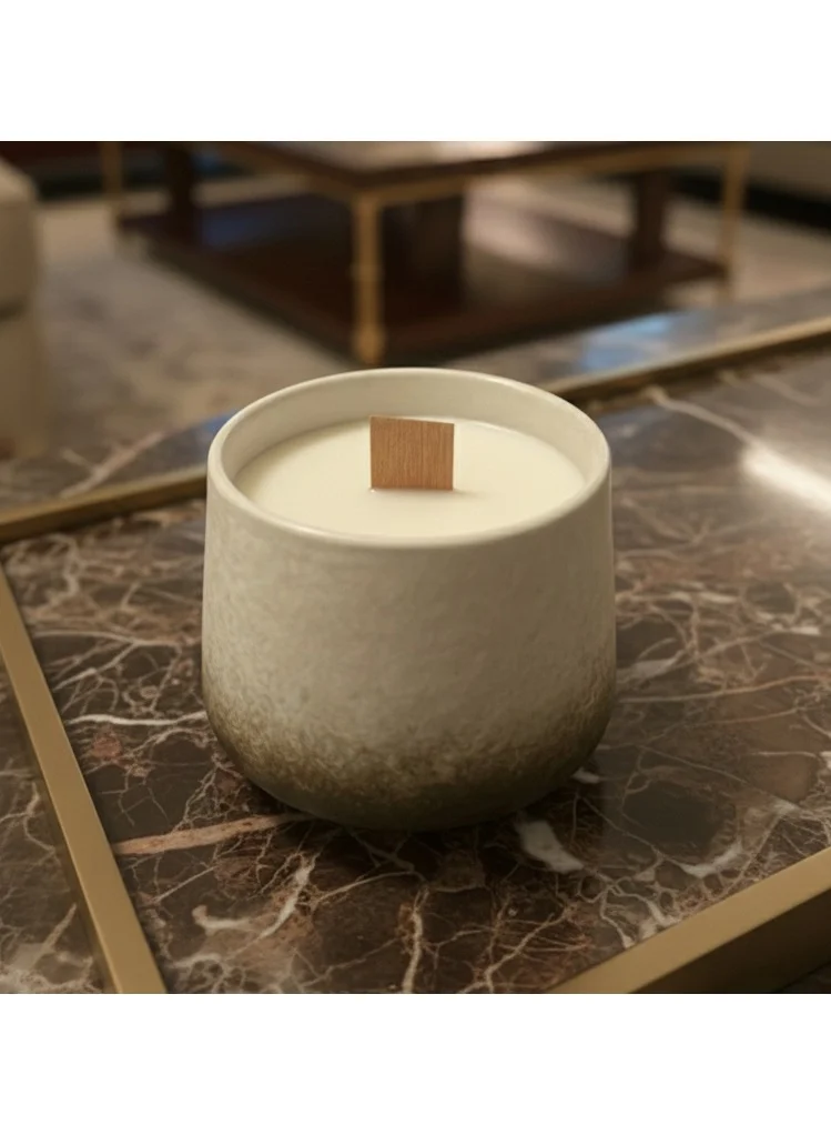 Tohfa Luxe Tohfa Luxe Ceramic Soy Wax Lemongrass Candle – Handcrafted Stoneware Jar Candle with Wooden Wick | Natural Gradation Brown-Beige Reusable Jar