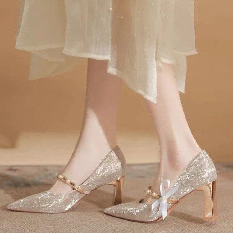 French High Heels, Feminine New Products, Thick Heel Wedding Shoes That Are Not Tiring For The Feet, Style Pointed Toe Flats, Silver - Image 2