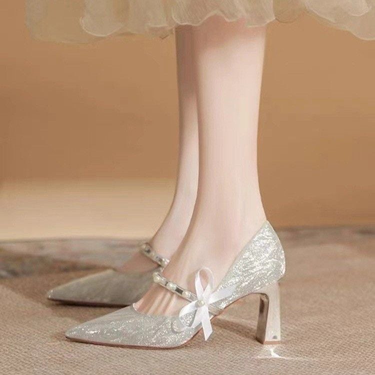 French High Heels, Feminine New Products, Thick Heel Wedding Shoes That Are Not Tiring For The Feet, Style Pointed Toe Flats, Silver - Image 3