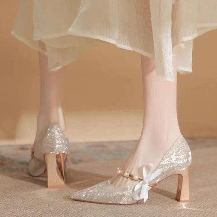 French High Heels, Feminine New Products, Thick Heel Wedding Shoes That Are Not Tiring For The Feet, Style Pointed Toe Flats, Silver - Image 4