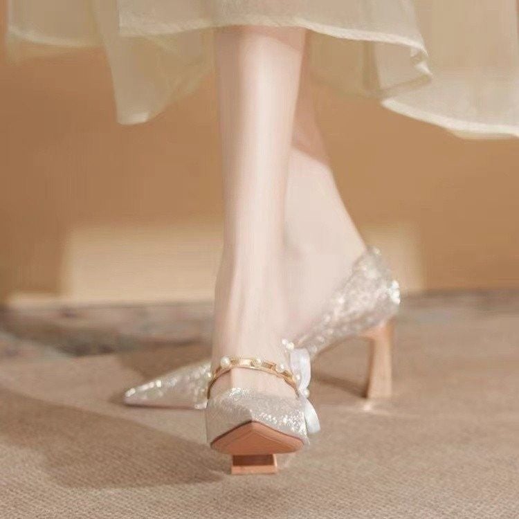 French High Heels, Feminine New Products, Thick Heel Wedding Shoes That Are Not Tiring For The Feet, Style Pointed Toe Flats, Silver - Image 5