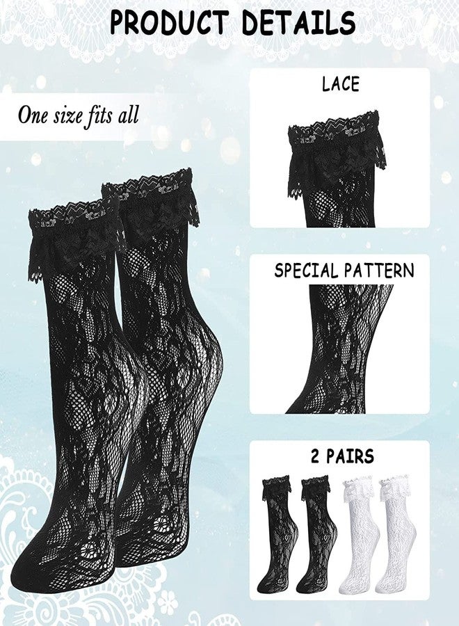 PALAY® 2 Pairs Lolita Lace Sock for Girls Calf-high Lace Socks for Lolita Dress Socks Hollow Out Ruffle Calf Socks for Dress - Image 3