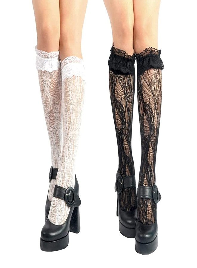 PALAY® 2 Pairs Lolita Lace Sock for Girls Calf-high Lace Socks for Lolita Dress Socks Hollow Out Ruffle Calf Socks for Dress - Image 1