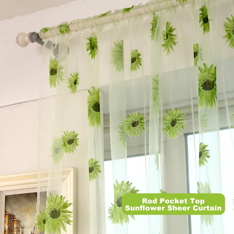 Ufurty Sunflower Window Curtain  2PCS Sun Flower Floral Voile Sheer Curtain Panels Tulle Room Salix Leaf Sheer Gauze Curtain for Living Room  Bedroom  Balcony - Rod Pocket Top - Image 2