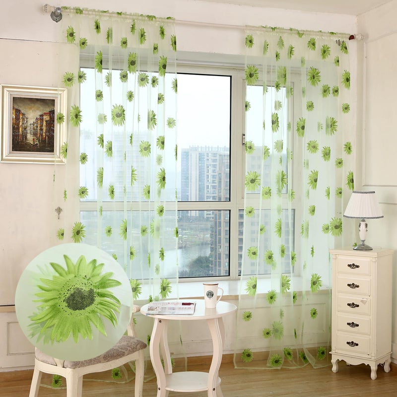 Ufurty Sunflower Window Curtain  2PCS Sun Flower Floral Voile Sheer Curtain Panels Tulle Room Salix Leaf Sheer Gauze Curtain for Living Room  Bedroom  Balcony - Rod Pocket Top - Image 1