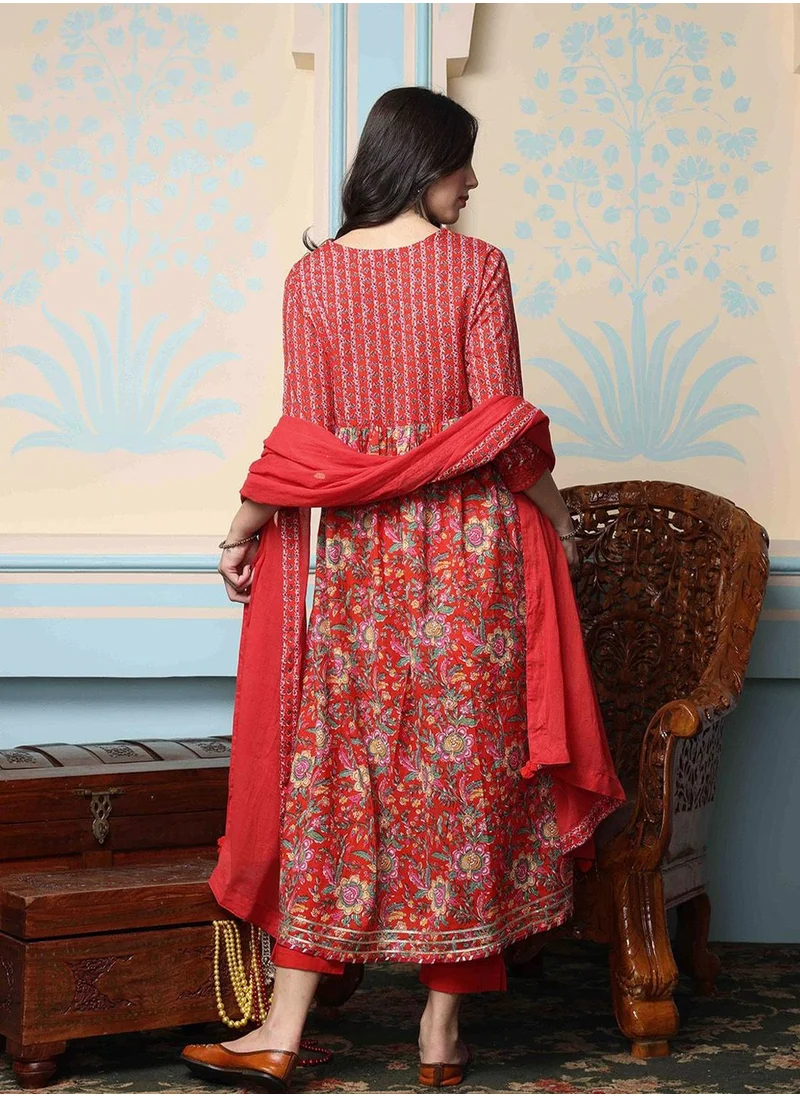 ISHIN Red Kurta Set Straight Fit 3/4 Sleeve Sleeve made from Cotton featuring Self Design design and Round Neck neckline - Perfect for Ethinic!