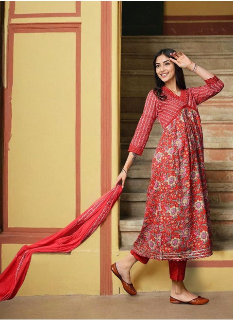 Women's Red 100% Cotton Self Design Full Length Palazzo Kurta Set