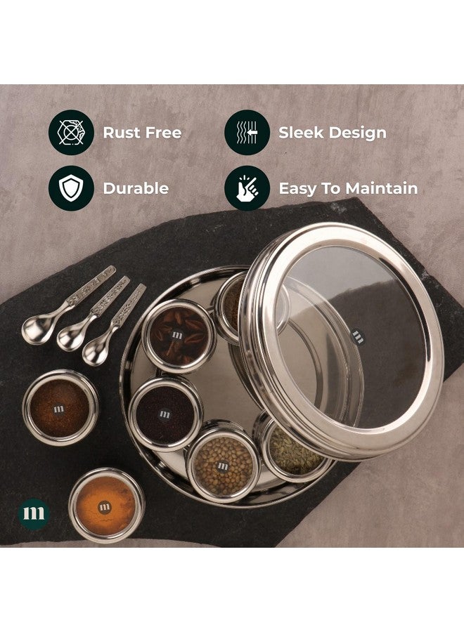 MARU مارو 7 في 1 علبة ماسالا من الفولاذ المقاوم للصدأ مع أغطية شفافة مجموعة كاملة من علب التوابل مع 7 حاويات فردية، 3 ملاعق، تصميم خفيف الوزن، متين، مناسب لتنظيم المطبخ، فضي - Image 5