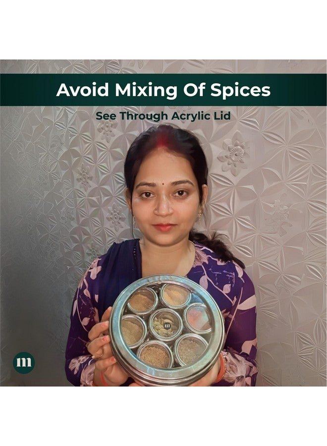 MARU مارو 7 في 1 علبة ماسالا من الفولاذ المقاوم للصدأ مع أغطية شفافة مجموعة كاملة من علب التوابل مع 7 حاويات فردية، 3 ملاعق، تصميم خفيف الوزن، متين، مناسب لتنظيم المطبخ، فضي - Image 3