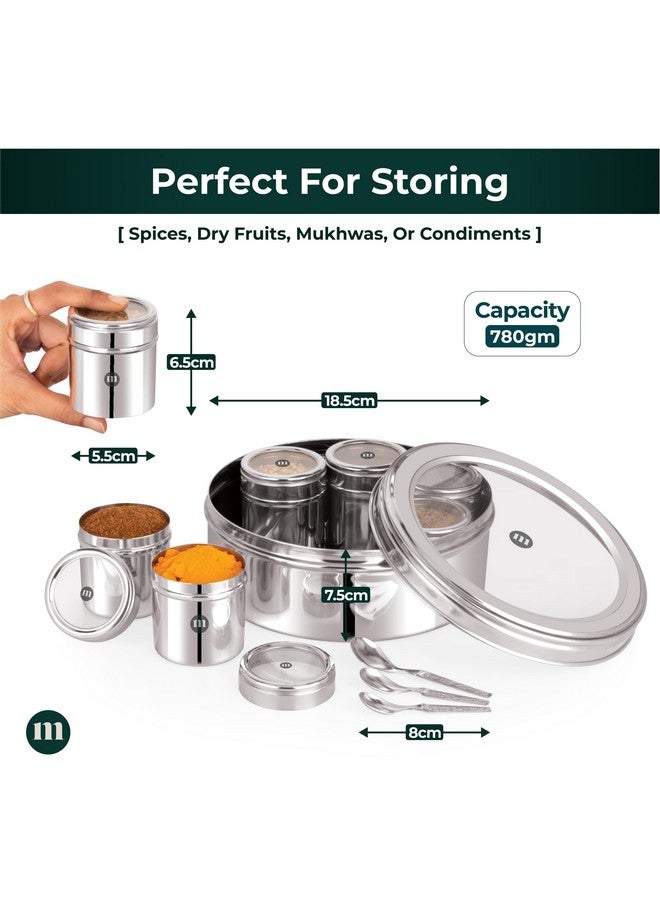 MARU مارو 7 في 1 علبة ماسالا من الفولاذ المقاوم للصدأ مع أغطية شفافة مجموعة كاملة من علب التوابل مع 7 حاويات فردية، 3 ملاعق، تصميم خفيف الوزن، متين، مناسب لتنظيم المطبخ، فضي - Image 2