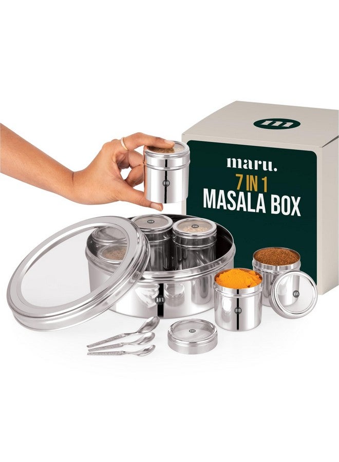 MARU مارو 7 في 1 علبة ماسالا من الفولاذ المقاوم للصدأ مع أغطية شفافة مجموعة كاملة من علب التوابل مع 7 حاويات فردية، 3 ملاعق، تصميم خفيف الوزن، متين، مناسب لتنظيم المطبخ، فضي - Image 1