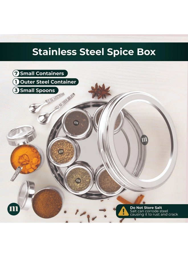 MARU مارو 7 في 1 علبة ماسالا من الفولاذ المقاوم للصدأ مع أغطية شفافة مجموعة كاملة من علب التوابل مع 7 حاويات فردية، 3 ملاعق، تصميم خفيف الوزن، متين، مناسب لتنظيم المطبخ، فضي - Image 4