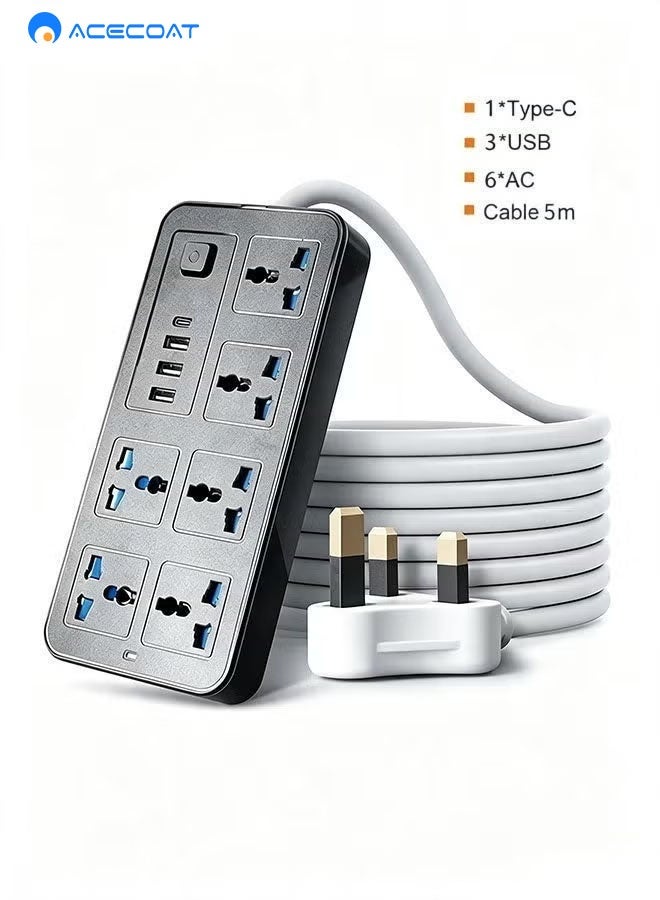 ACECOAT 5 Meters Universal Extension Lead With Multiple Function Uk Plug 3 Pin Socket Outlet With 6 Gang 3 Usb Port 1 Type-C Port 5m Electric Socket Mains Strip For Home Kitchen And Office 5 Meters - Image 1