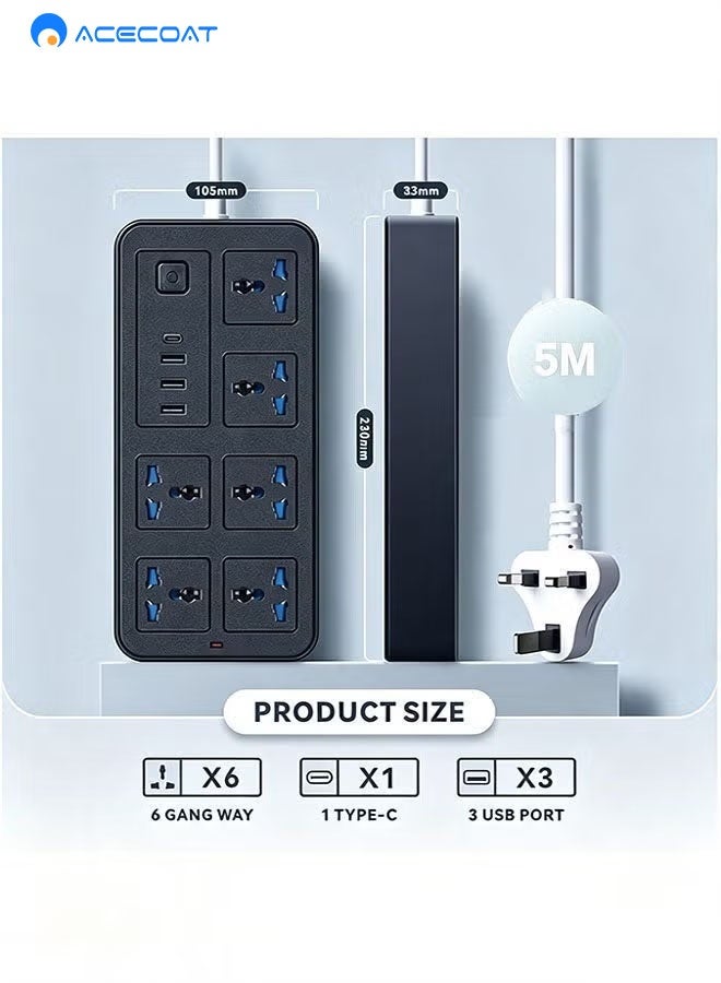 ACECOAT 5 Meters Universal Extension Lead With Multiple Function Uk Plug 3 Pin Socket Outlet With 6 Gang 3 Usb Port 1 Type-C Port 5m Electric Socket Mains Strip For Home Kitchen And Office 5 Meters - Image 2