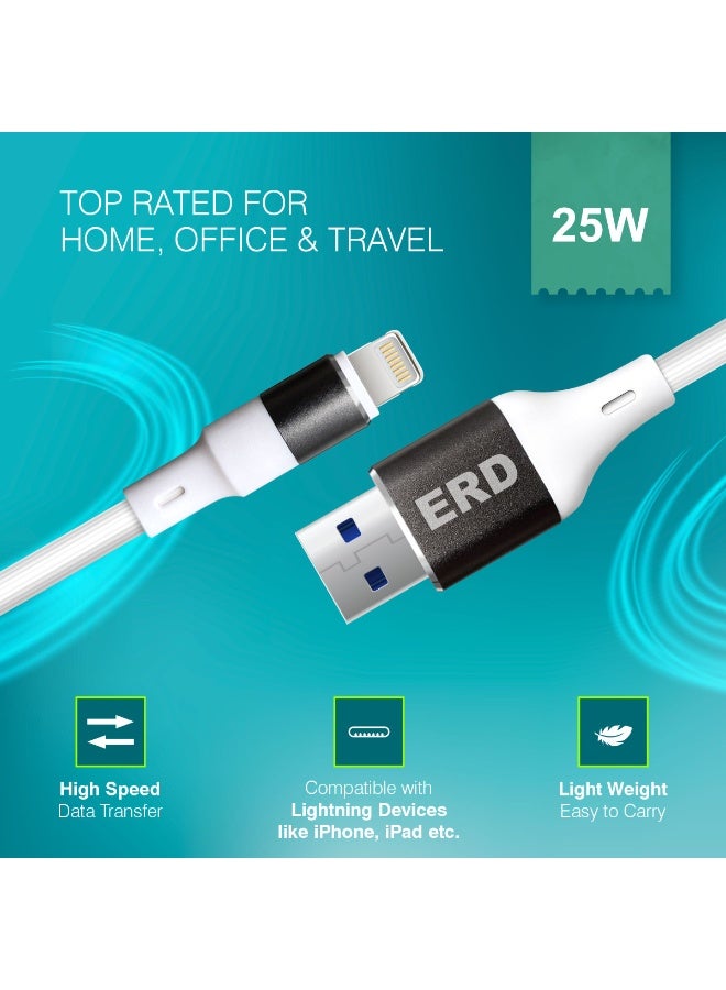ERD USB-A to Lightning Cable 25W Fast Charging & High-Speed Data Transfer | 1m Lightweight Durable Metallic Connectors Cord | 15,000 Bend Lifespan | iPhone certified - Image 5