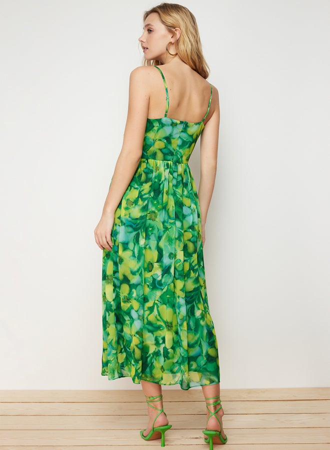 trendyol Green Floral Print A-Cut Ruffle Detailed Lined Chiffon Maxi Woven Dress - Image 5