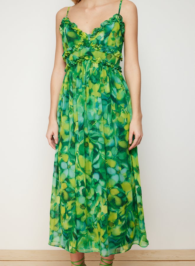 trendyol Green Floral Print A-Cut Ruffle Detailed Lined Chiffon Maxi Woven Dress - Image 4