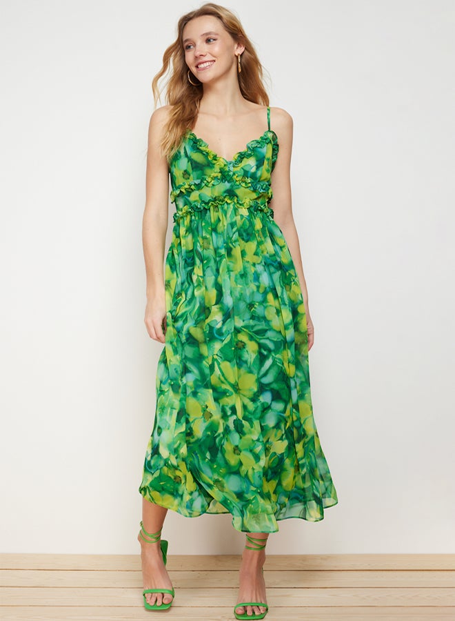 trendyol Green Floral Print A-Cut Ruffle Detailed Lined Chiffon Maxi Woven Dress - Image 1