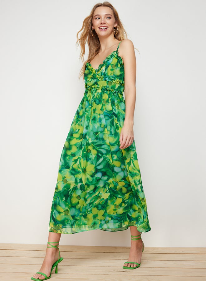 trendyol Green Floral Print A-Cut Ruffle Detailed Lined Chiffon Maxi Woven Dress - Image 2