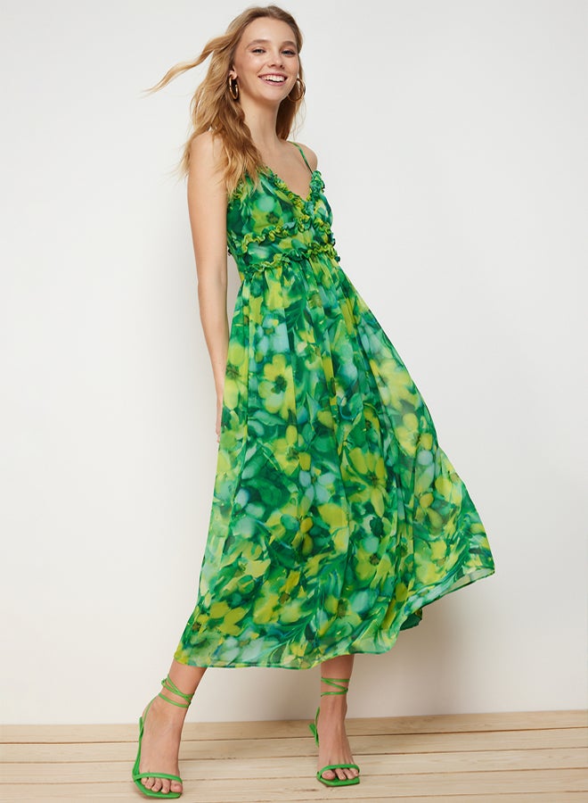trendyol Green Floral Print A-Cut Ruffle Detailed Lined Chiffon Maxi Woven Dress - Image 3