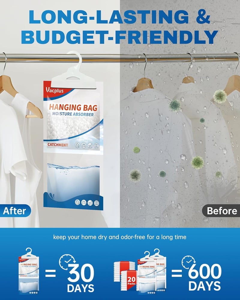 Vacplus Moisture Absorbers Packets, Fragrance Free 20 Pack, Humidity Packs, Dessicant Packets, Hanging Closet Dehumidifier Bags, Odor Eliminator for Bathroom 9.8OZ - Image 3