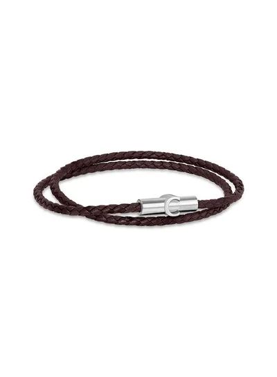 CERRUTI 1881 Umberto Silver Plated Stainless Steel Brown Braided Leather Bracelet for Men 400mm
