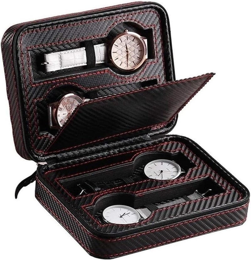 Styzere Travel Watch Case Storage 4 Slots PU Leather with Carbon Fibre Finish Black - Image 3