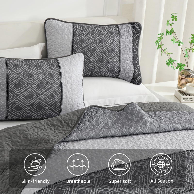 Cottolester مجموعة لحاف Cottolester Boho Set Queen 3 قطع 3 قطع مخططة مخططة طبقة من الألياف الدقيقة الناعمة مجموعة مع 2 وسادة shams 96 "" x90 "  - Image 3