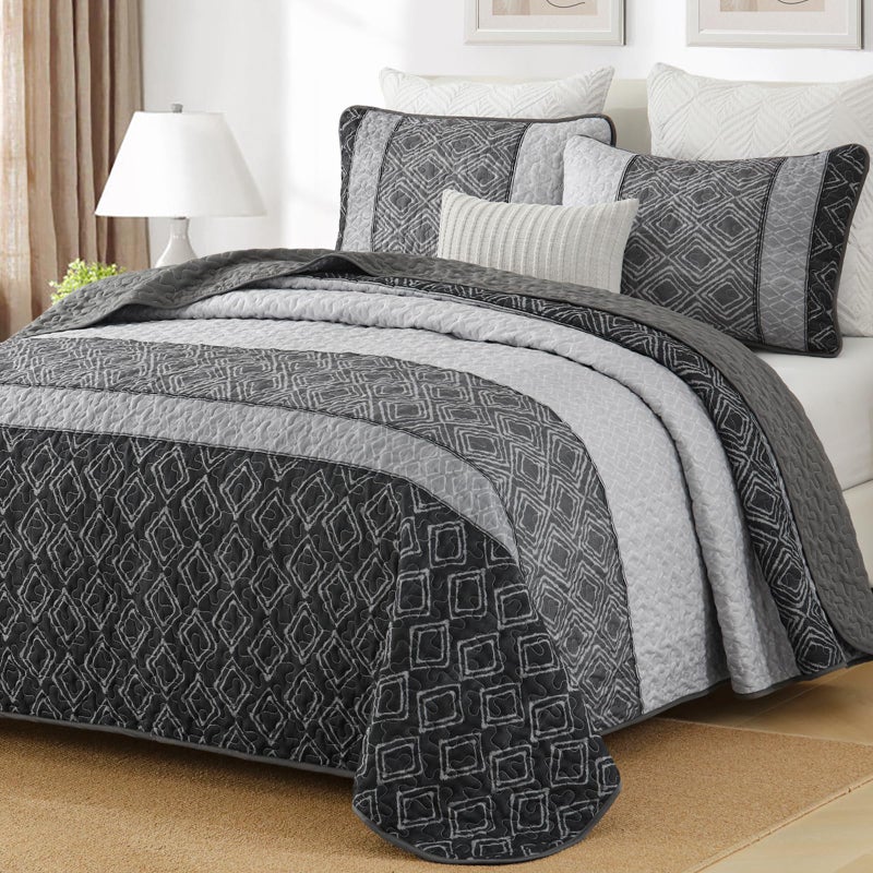 Cottolester مجموعة لحاف Cottolester Boho Set Queen 3 قطع 3 قطع مخططة مخططة طبقة من الألياف الدقيقة الناعمة مجموعة مع 2 وسادة shams 96 "" x90 "  - Image 1
